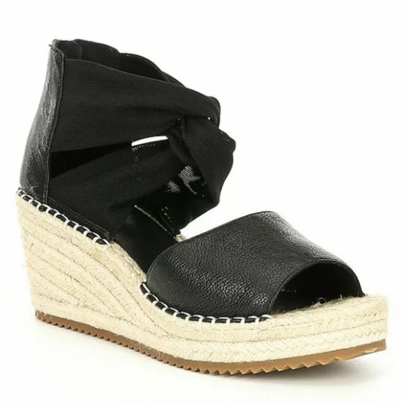 Eileen Fisher Women's 7.5 Black Wiley Leather Espadrille Wedge Sandals WORN ONCE - Picture 1 of 14